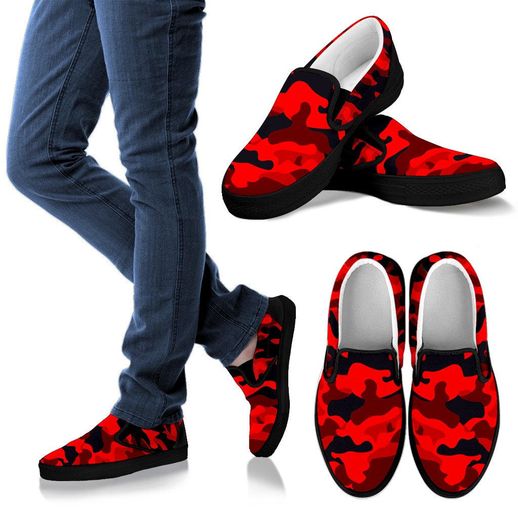 Red And Black Camouflage Print Men's Slip On Shoes