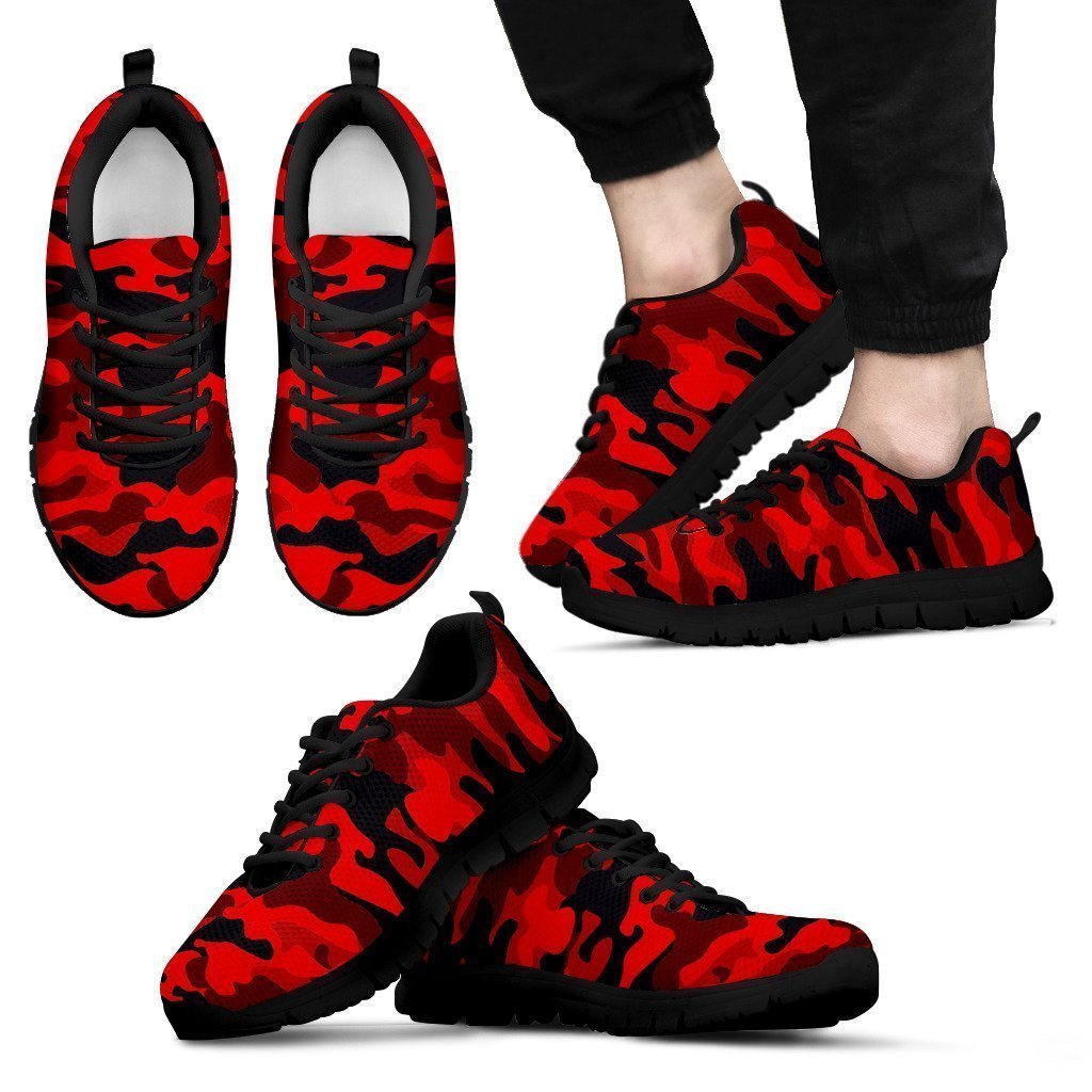 Red And Black Camouflage Print Men's Sneakers