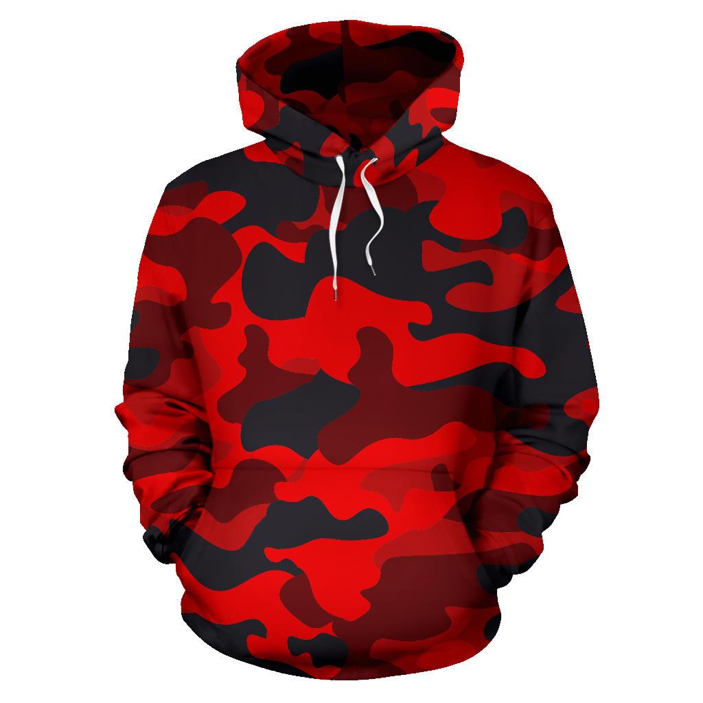 Red And Black Camouflage Print Pullover Hoodie