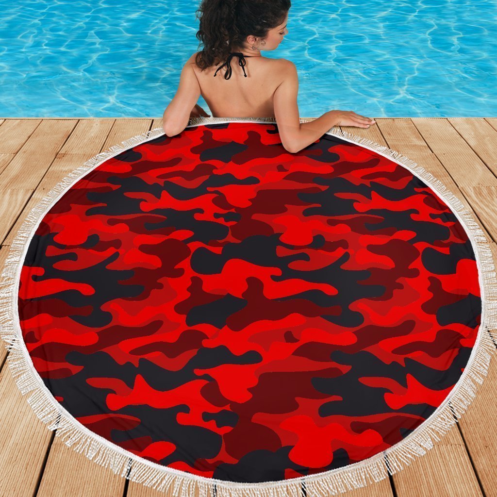Red And Black Camouflage Print Round Beach Blanket