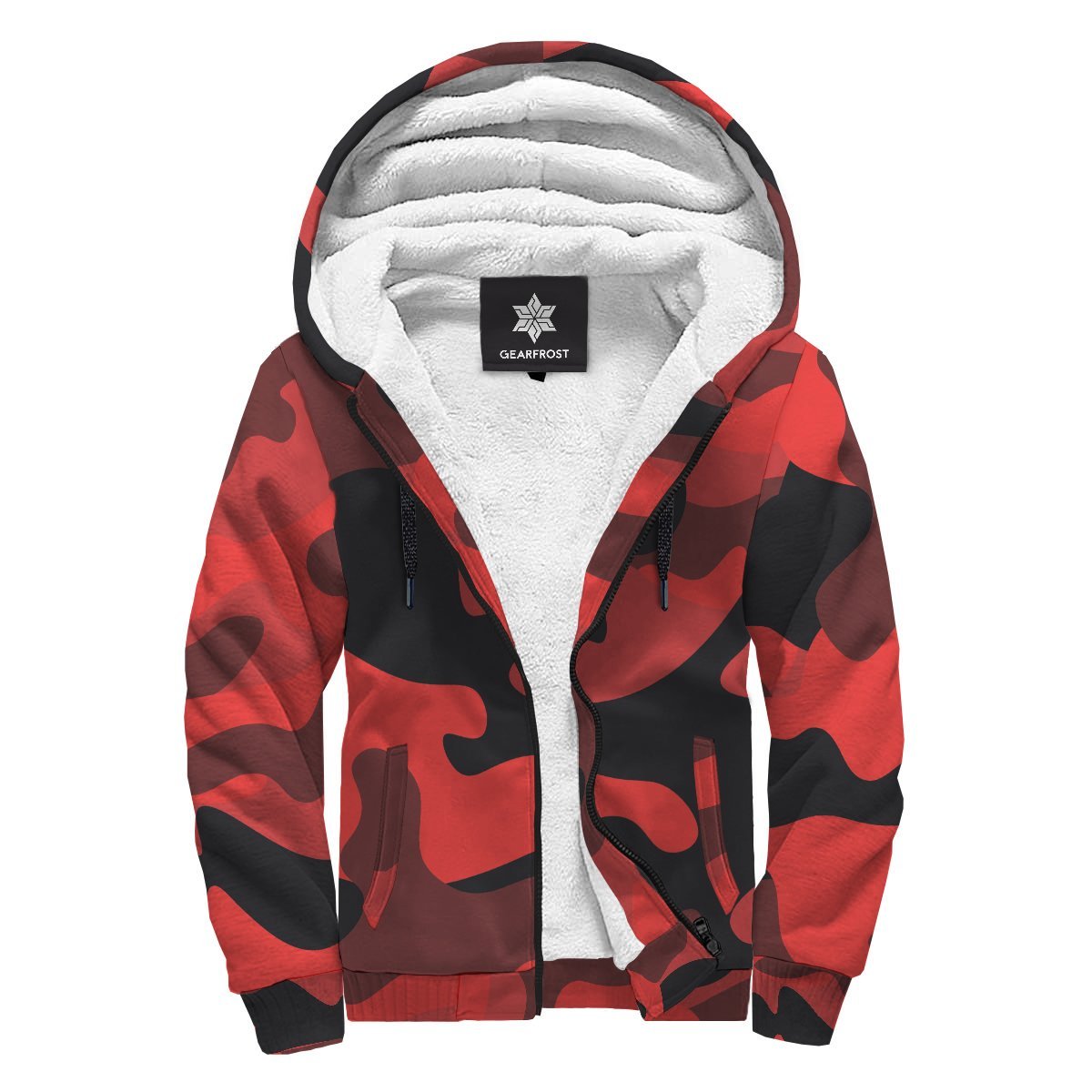 Red And Black Camouflage Print Sherpa Lined Fleece Hoodie