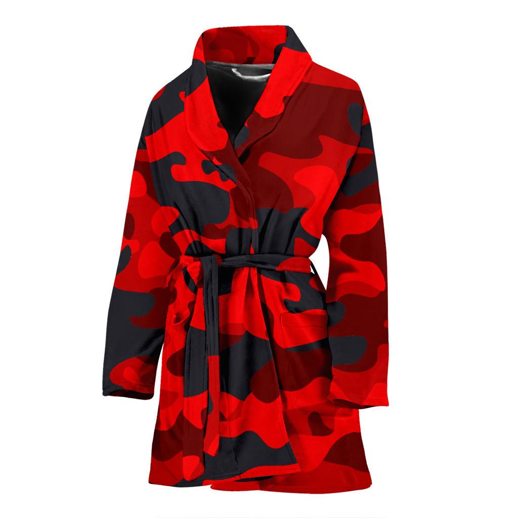 Red And Black Camouflage Print Women's Bathrobe