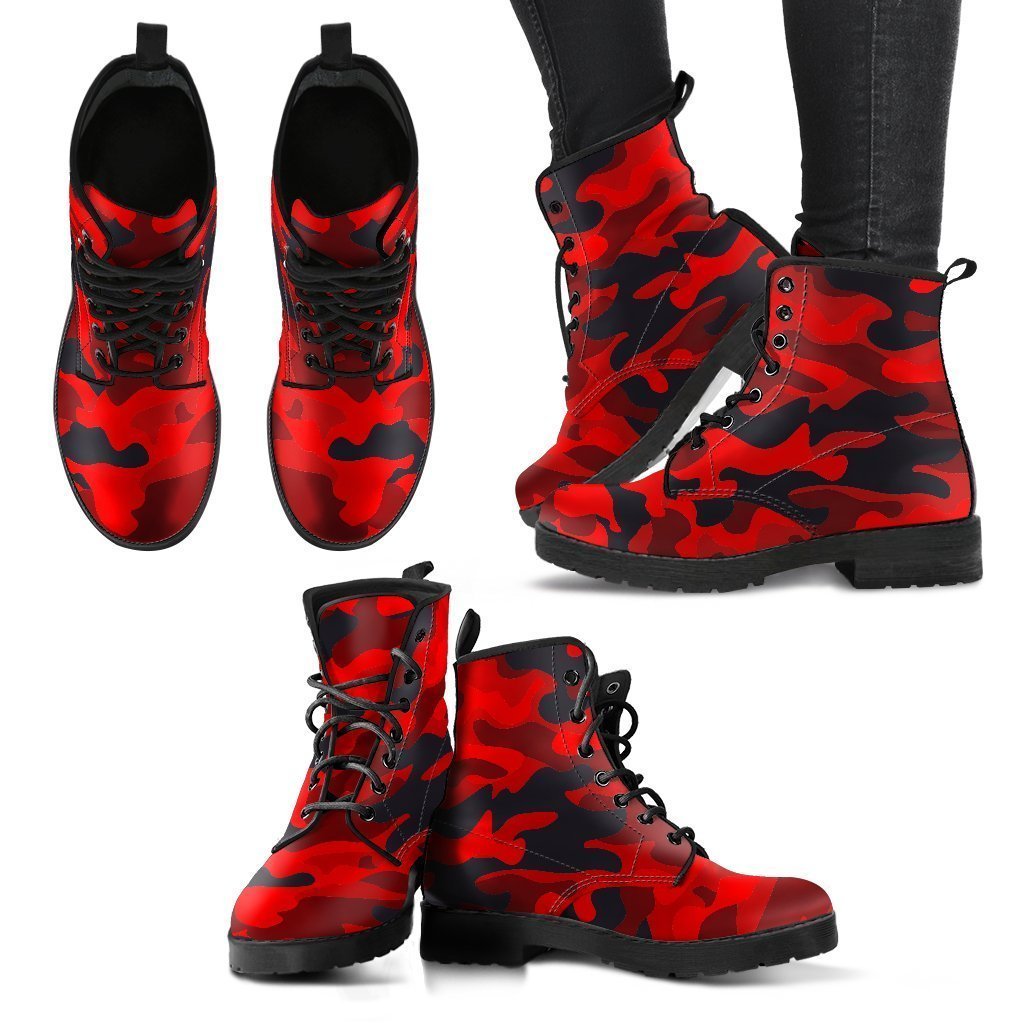 Red And Black Camouflage Print Women's Boots
