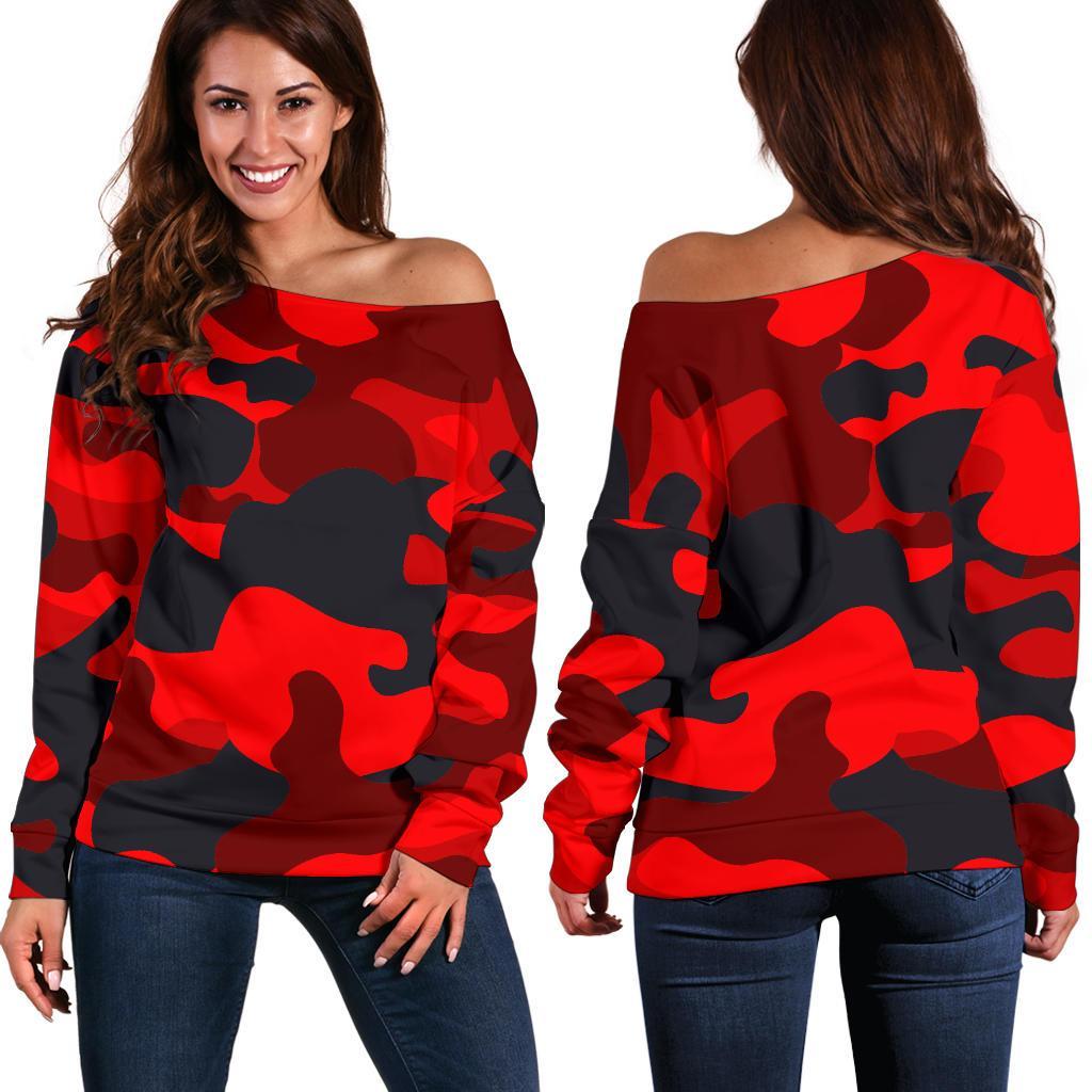 Red And Black Camouflage Print Women's Off-Shoulder Sweatshirt