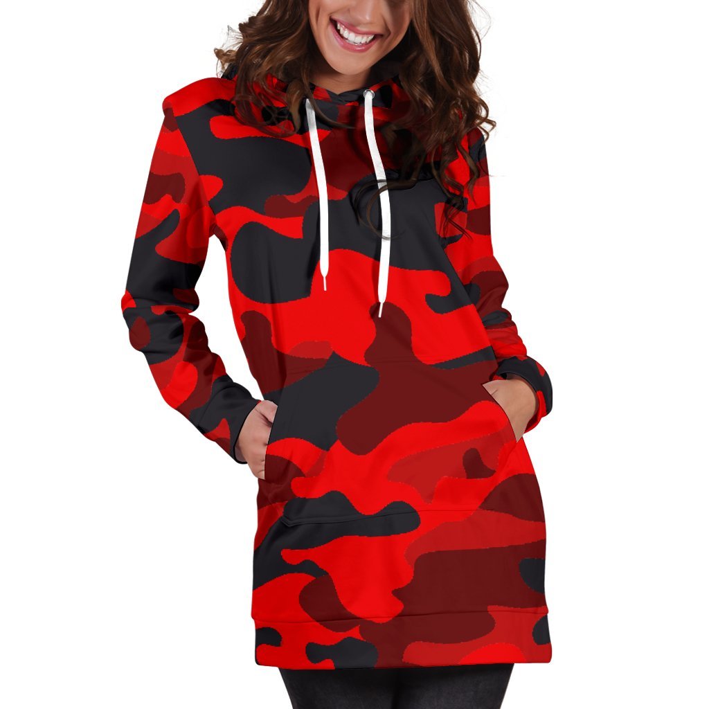 Red And Black Camouflage Print Women's Pullover Hoodie Dress