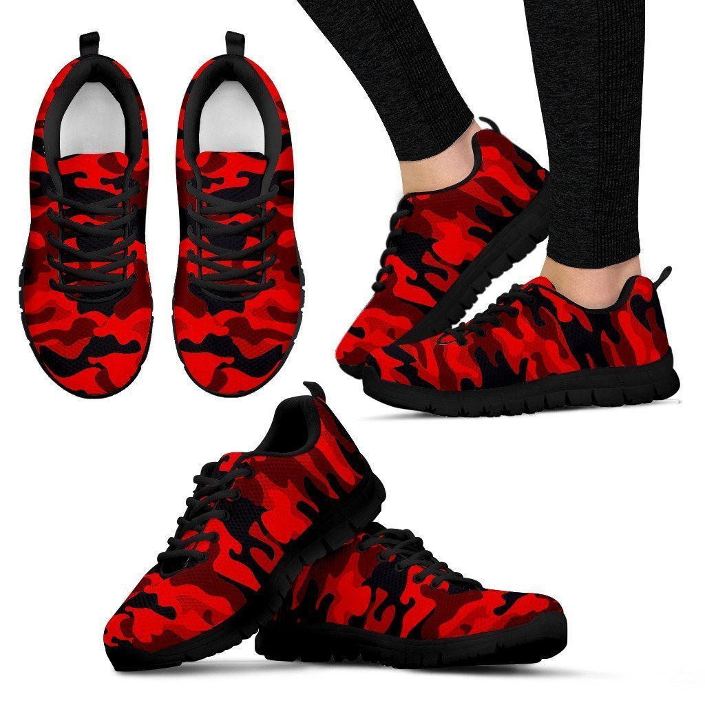 Red And Black Camouflage Print Women's Sneakers
