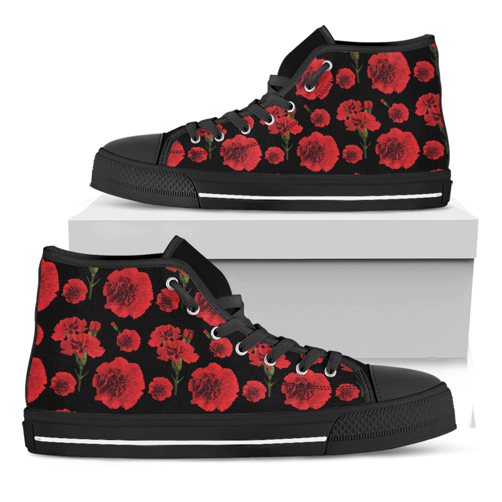 Red And Black Carnation Pattern Print Black High Top Shoes