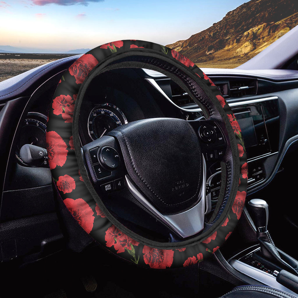 Red And Black Carnation Pattern Print Car Steering Wheel Cover