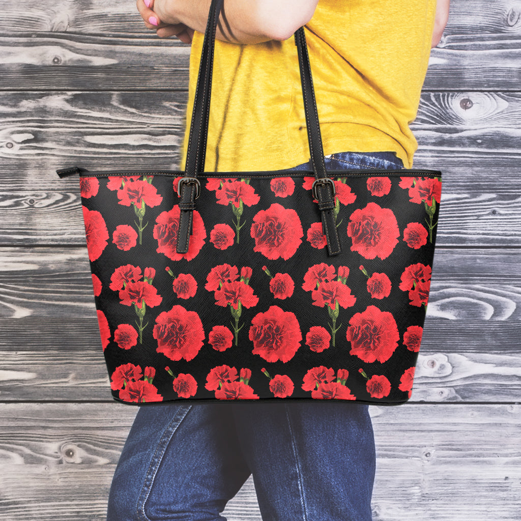 Red And Black Carnation Pattern Print Leather Tote Bag