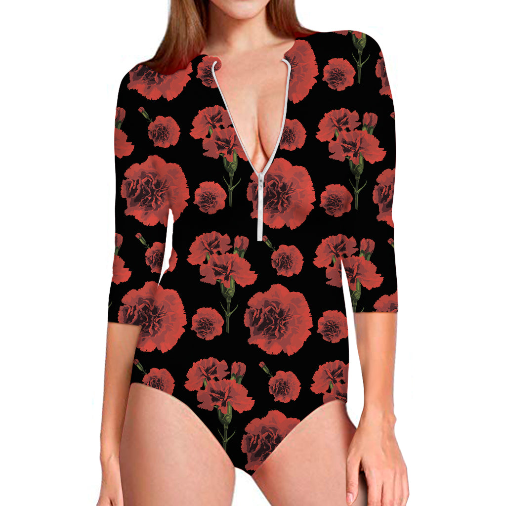 Red And Black Carnation Pattern Print Long Sleeve One Piece Swimsuit