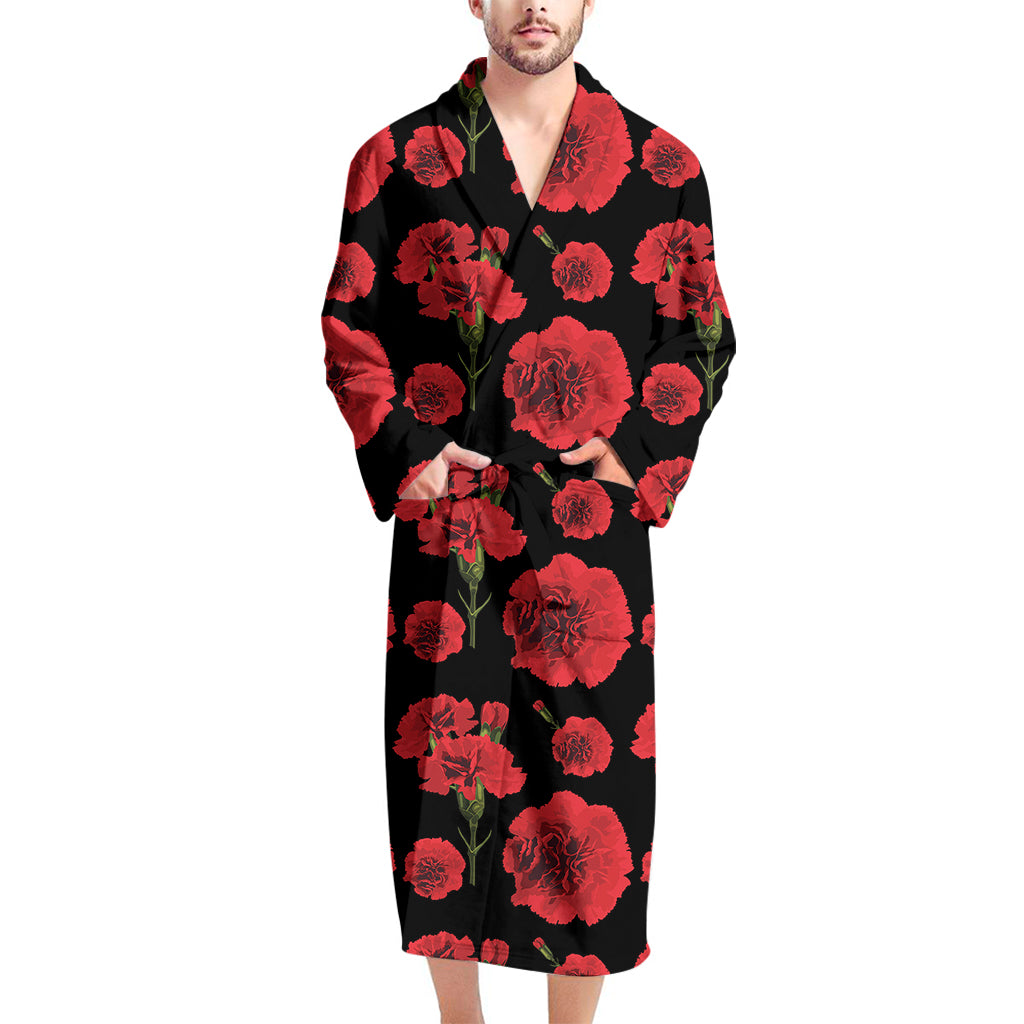 Red And Black Carnation Pattern Print Men's Bathrobe