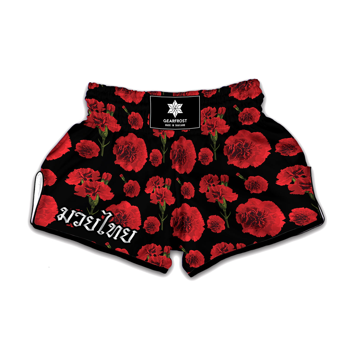 Red And Black Carnation Pattern Print Muay Thai Boxing Shorts