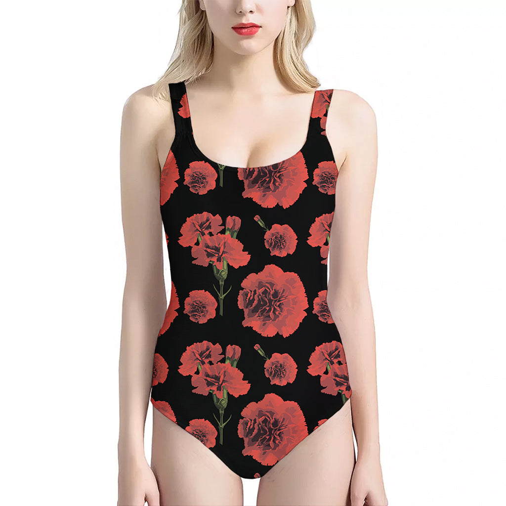 Red And Black Carnation Pattern Print One Piece Halter Neck Swimsuit