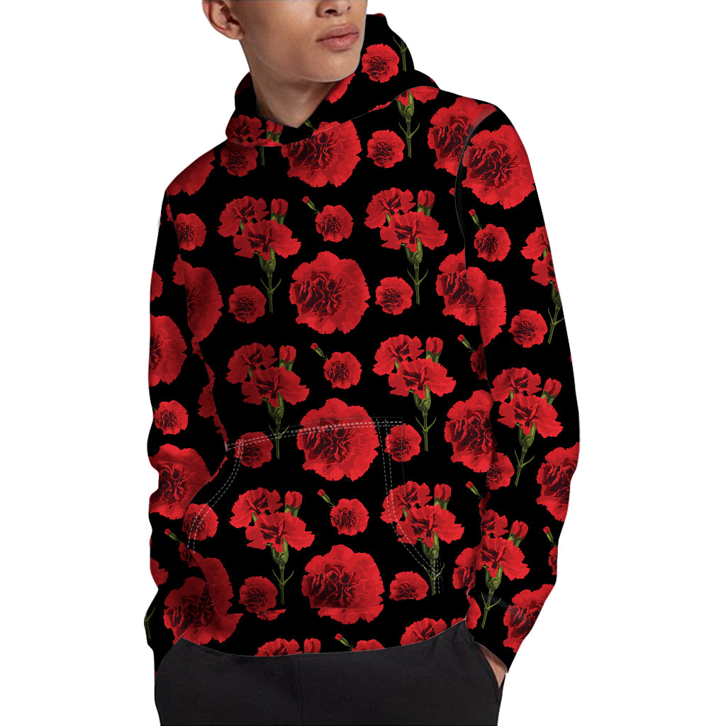 Red And Black Carnation Pattern Print Pullover Hoodie