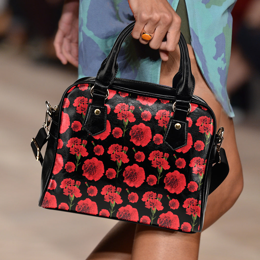 Red And Black Carnation Pattern Print Shoulder Handbag
