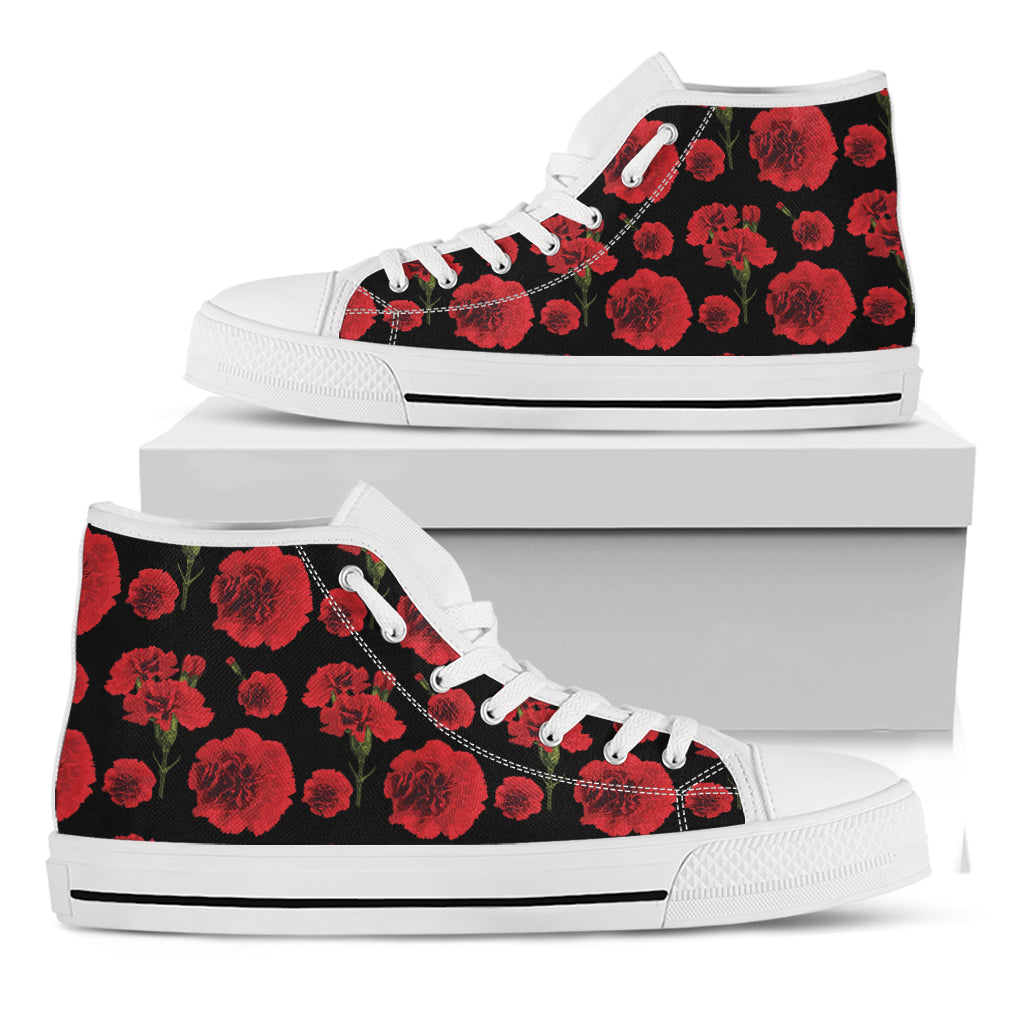 Red And Black Carnation Pattern Print White High Top Shoes