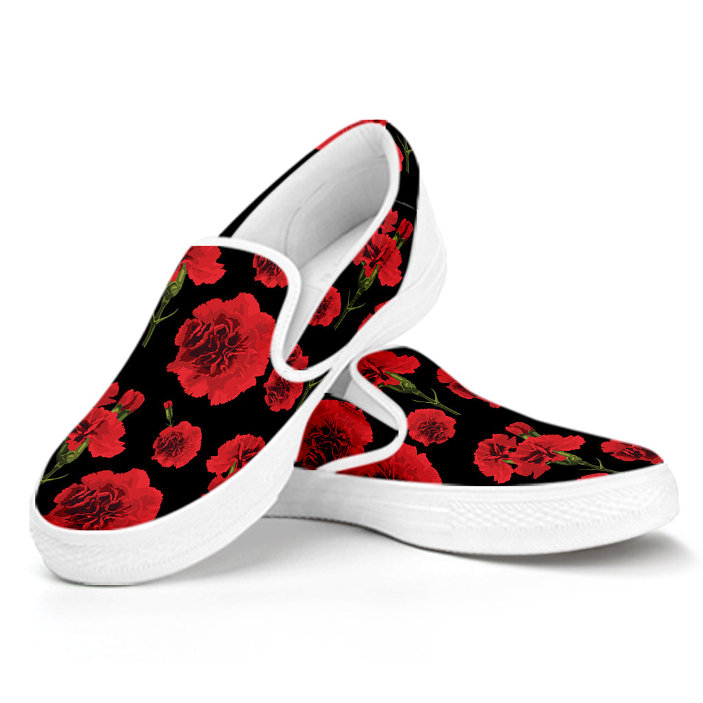 Red And Black Carnation Pattern Print White Slip On Shoes