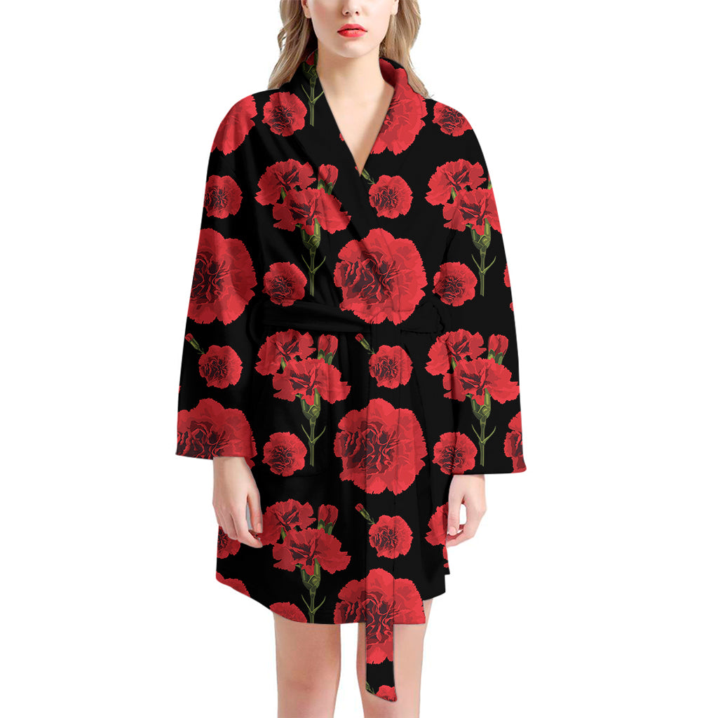 Red And Black Carnation Pattern Print Women's Bathrobe