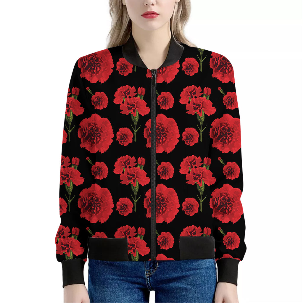 Red And Black Carnation Pattern Print Women's Bomber Jacket