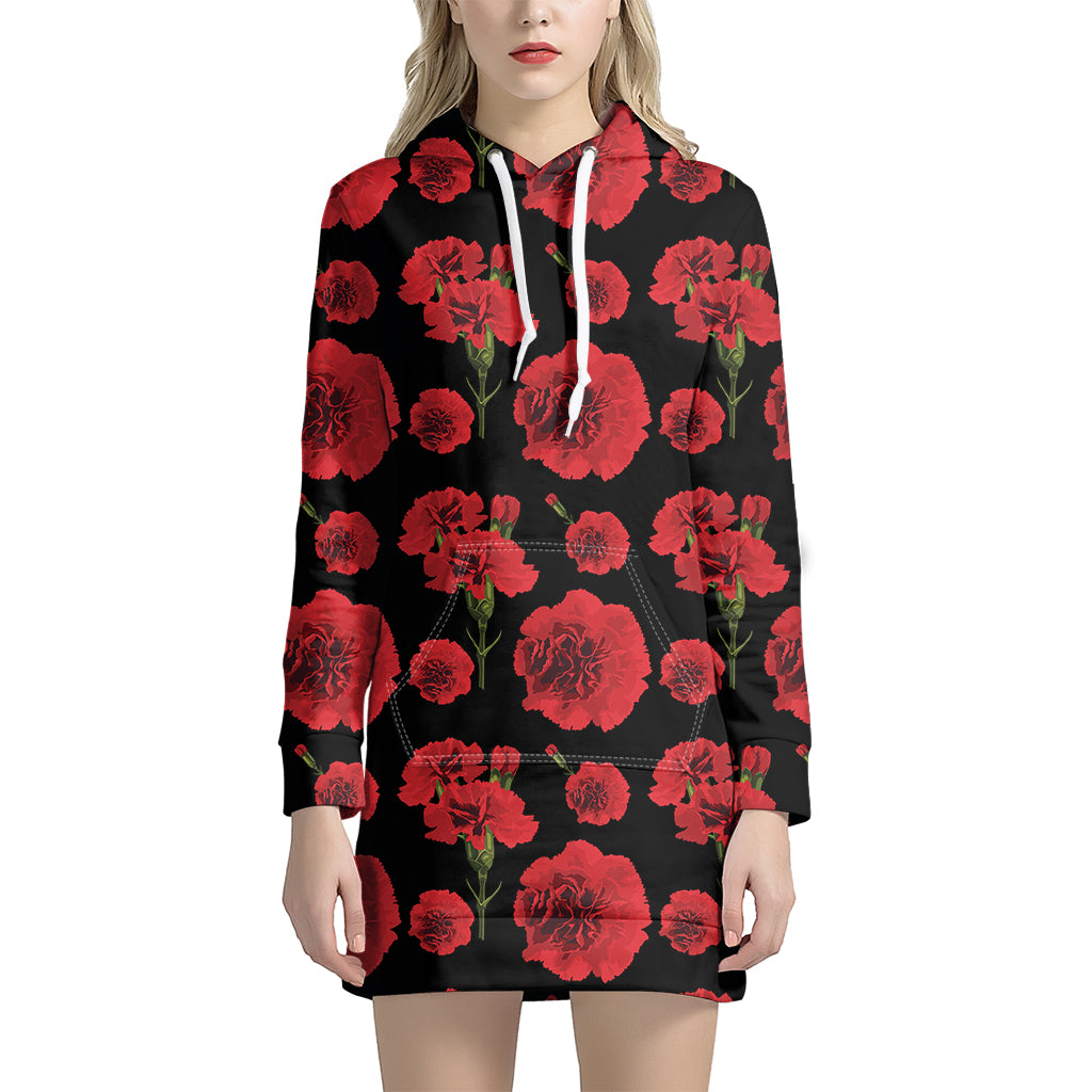 Red And Black Carnation Pattern Print Women's Pullover Hoodie Dress