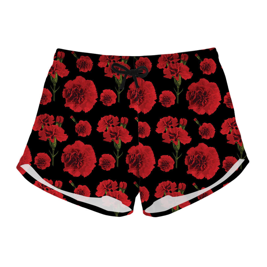 Red And Black Carnation Pattern Print Women's Shorts