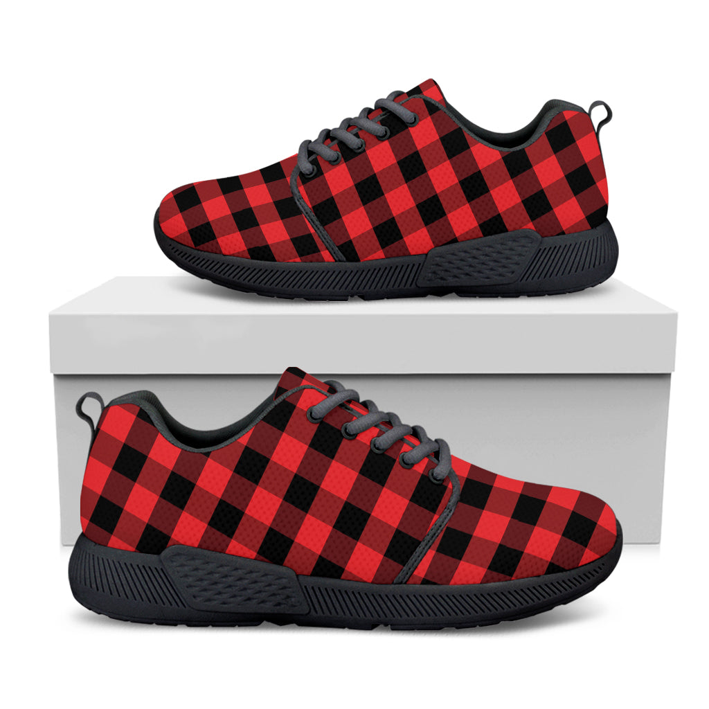 Red And Black Check Pattern Print Black Athletic Shoes