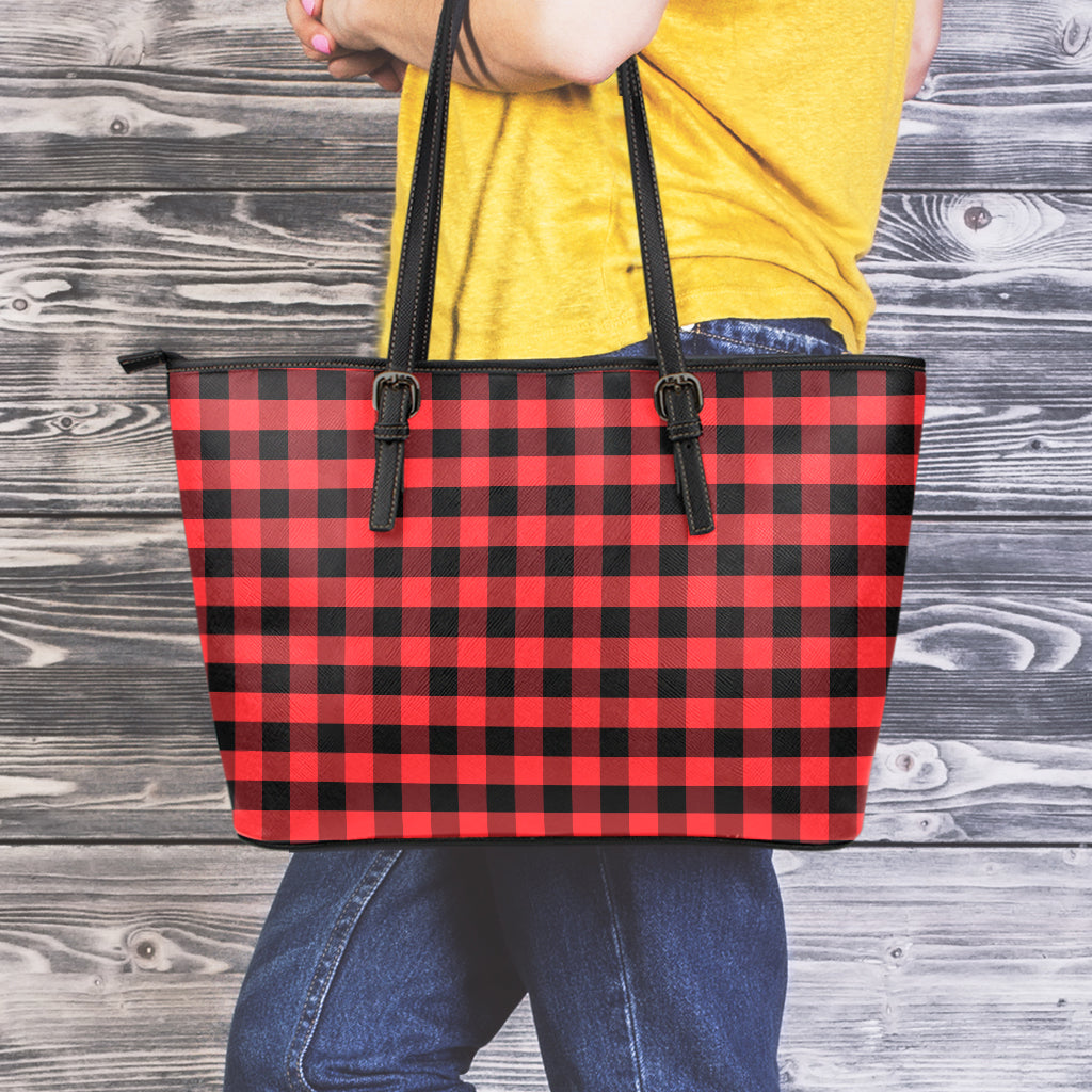 Red And Black Check Pattern Print Leather Tote Bag