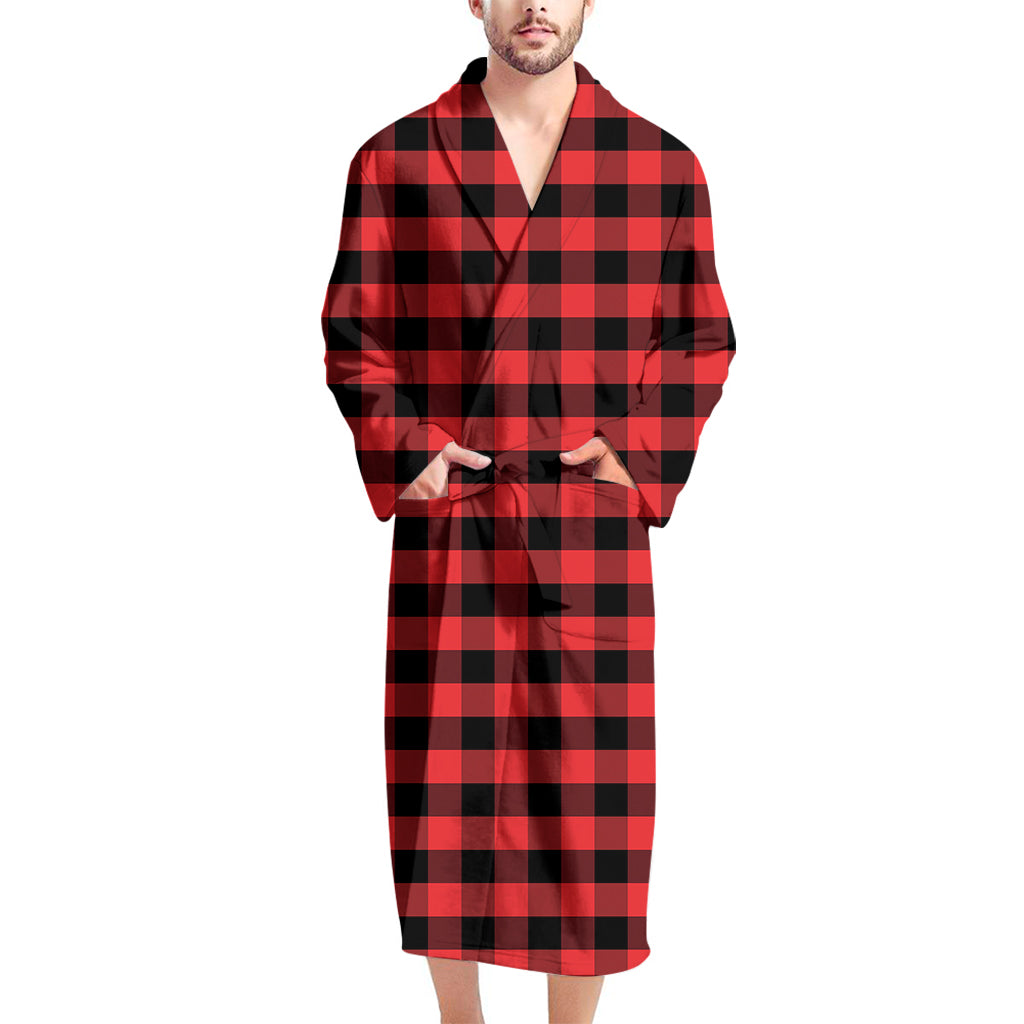 Red And Black Check Pattern Print Men's Bathrobe