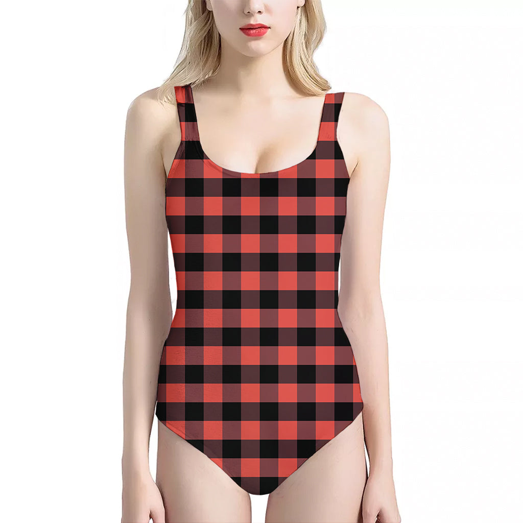 Red And Black Check Pattern Print One Piece Halter Neck Swimsuit