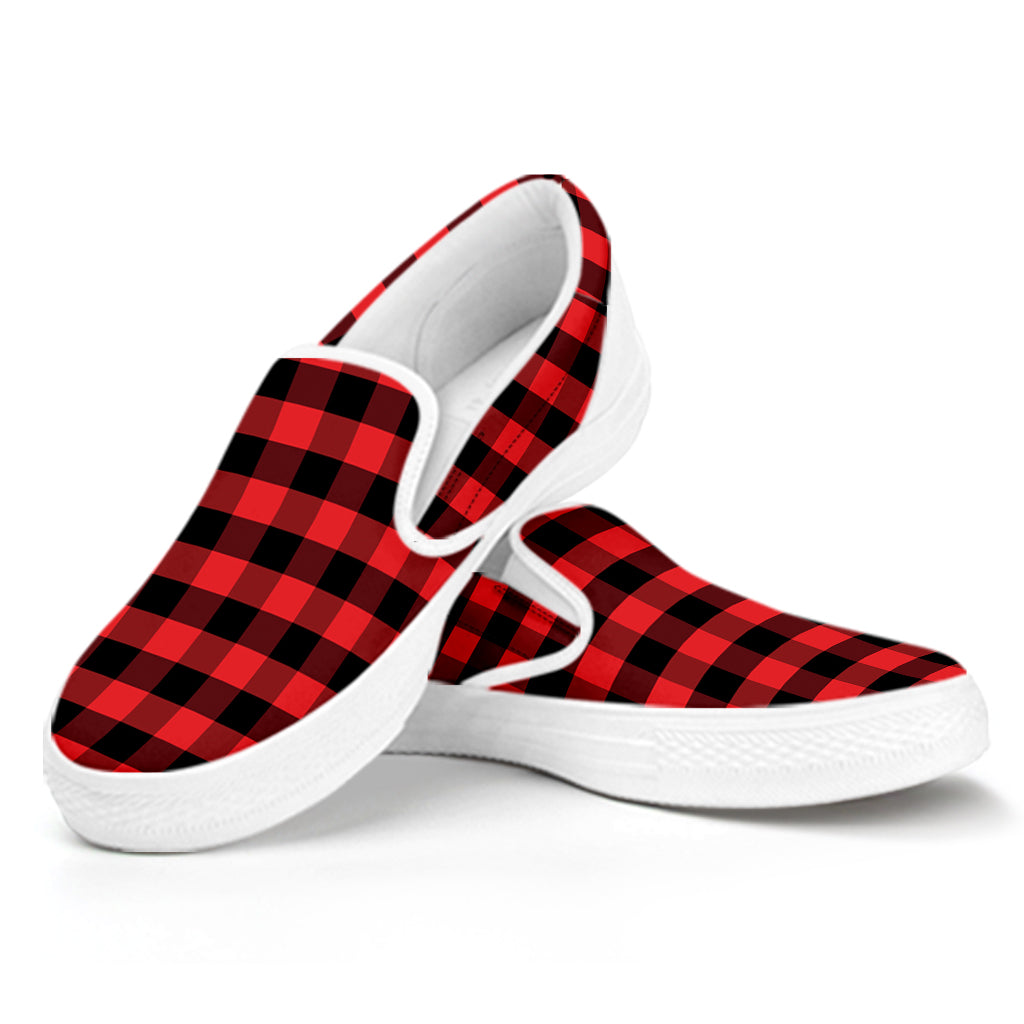 Red And Black Check Pattern Print White Slip On Shoes