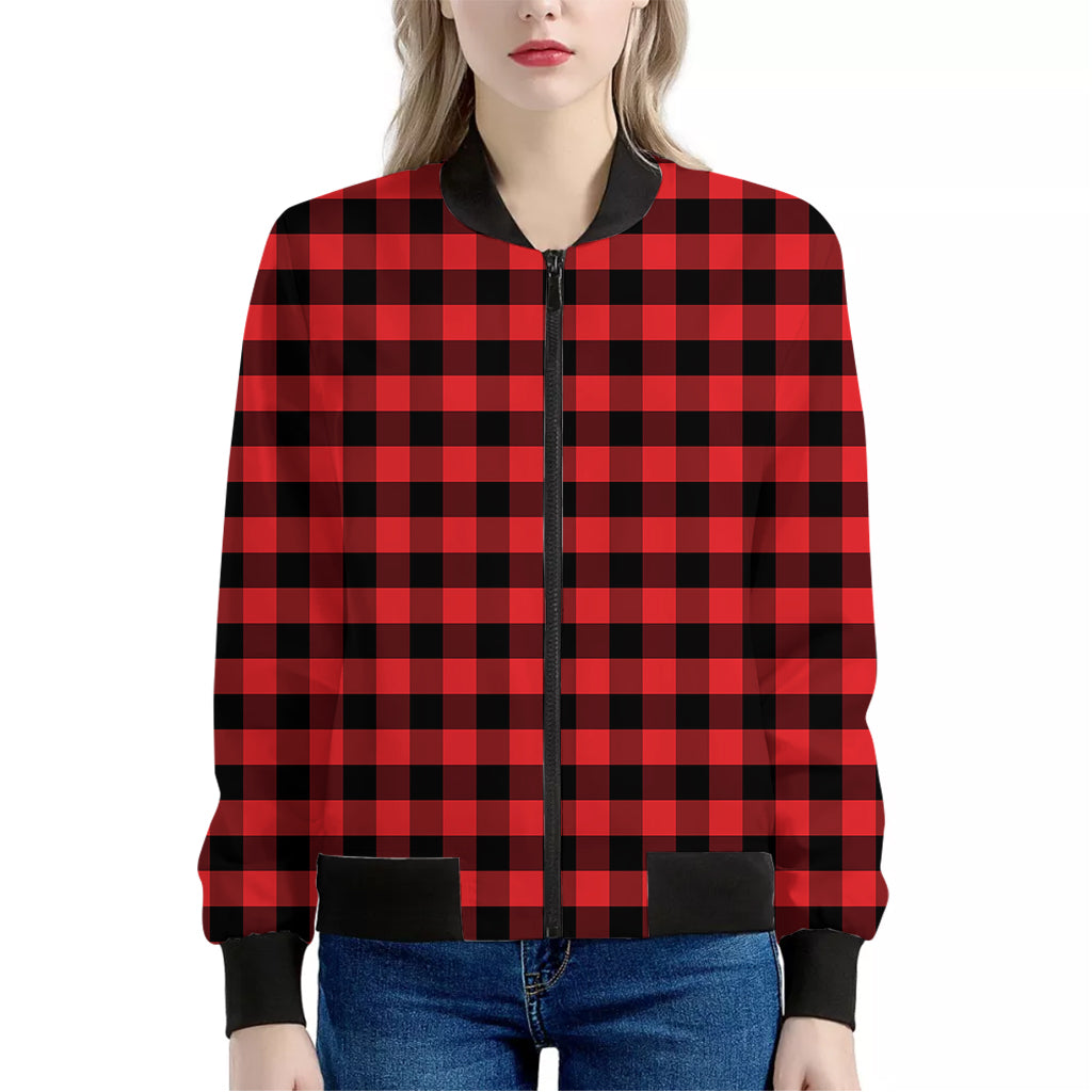 Red And Black Check Pattern Print Women's Bomber Jacket