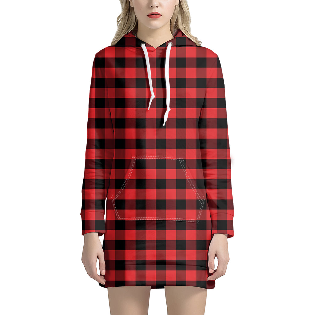 Red And Black Check Pattern Print Women's Pullover Hoodie Dress