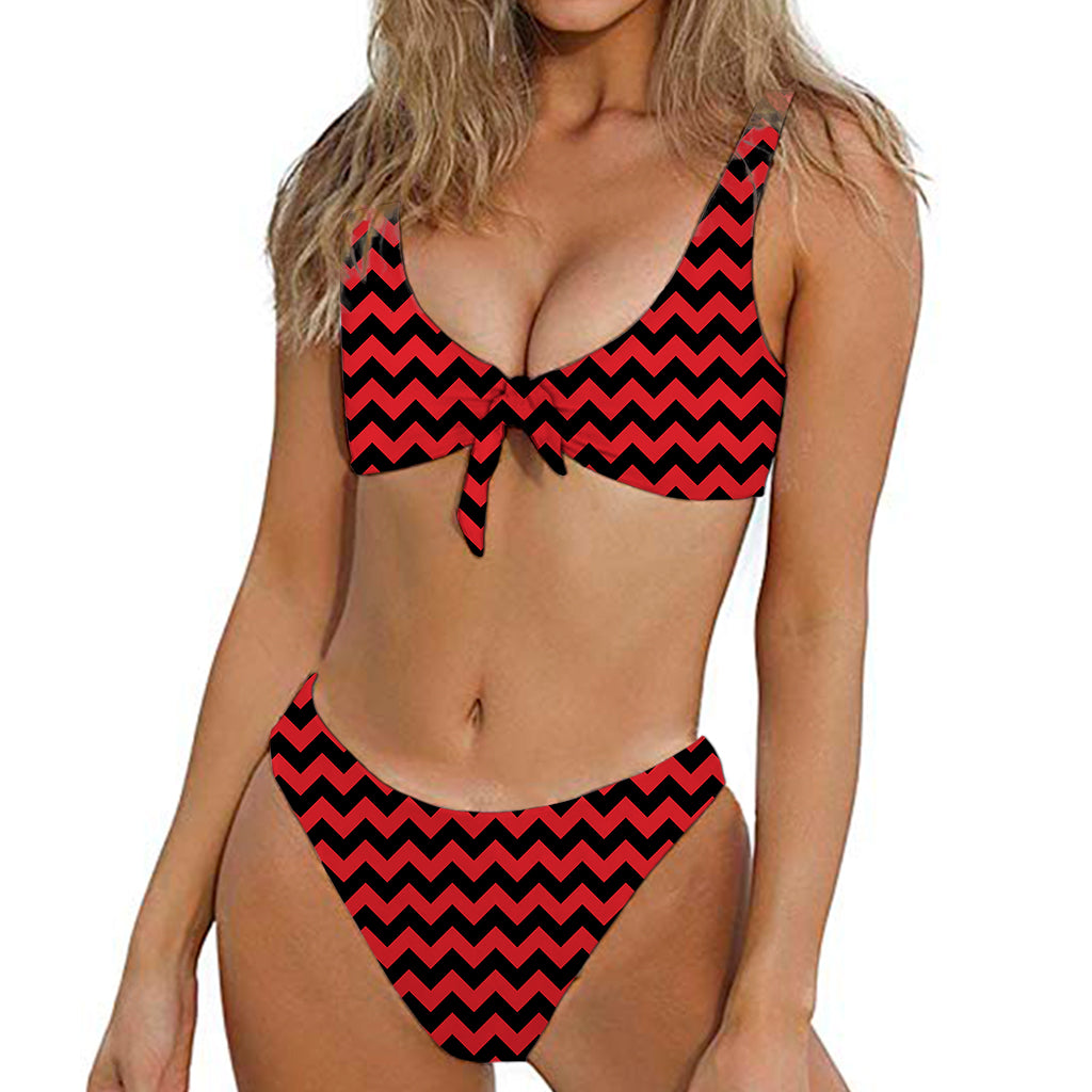 Red And Black Chevron Pattern Print Front Bow Tie Bikini