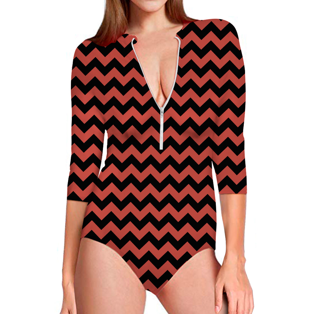 Red And Black Chevron Pattern Print Long Sleeve One Piece Swimsuit