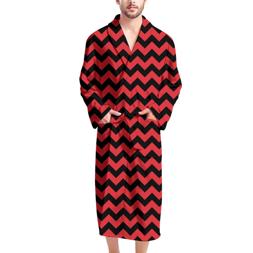 Red And Black Chevron Pattern Print Men's Bathrobe