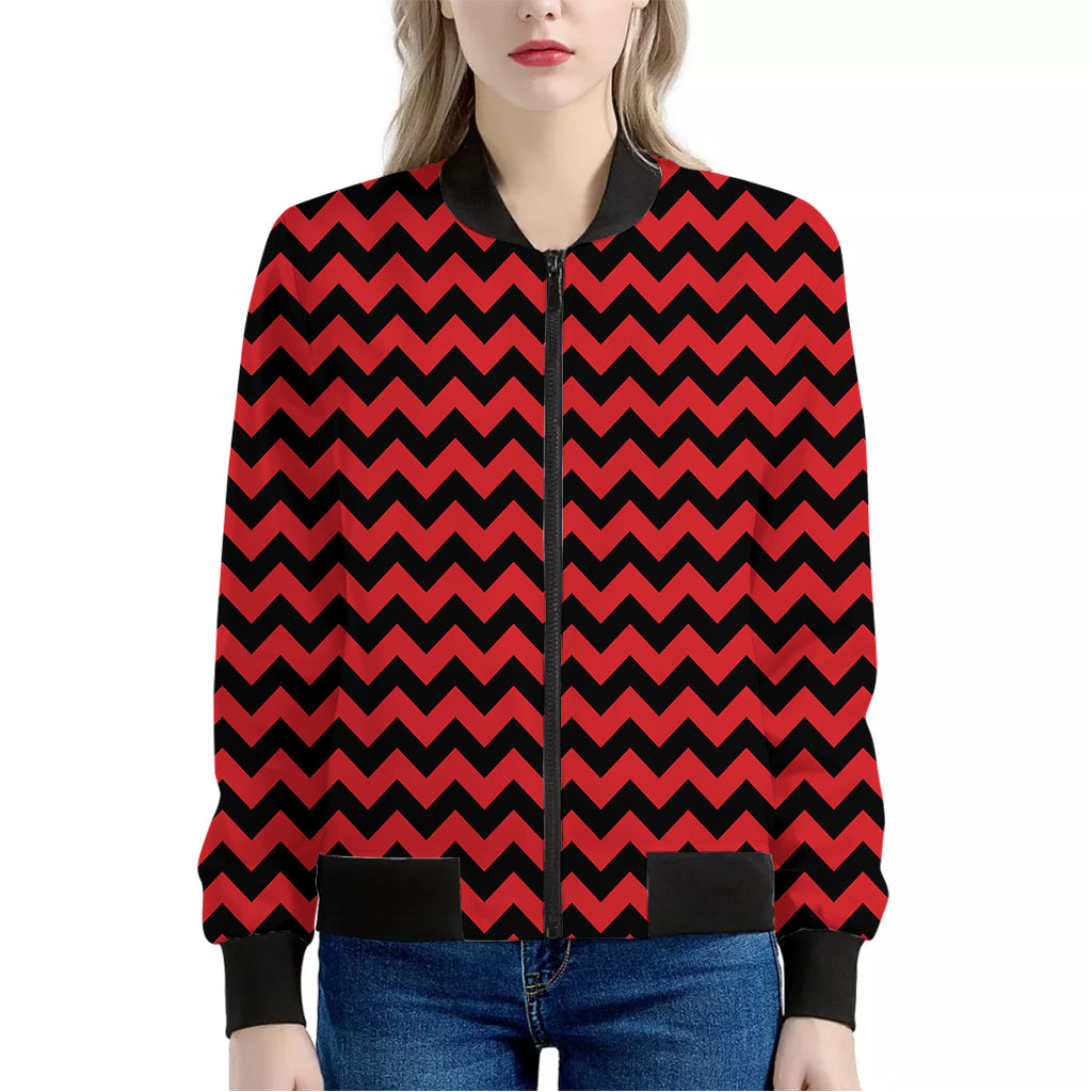 Red And Black Chevron Pattern Print Women's Bomber Jacket