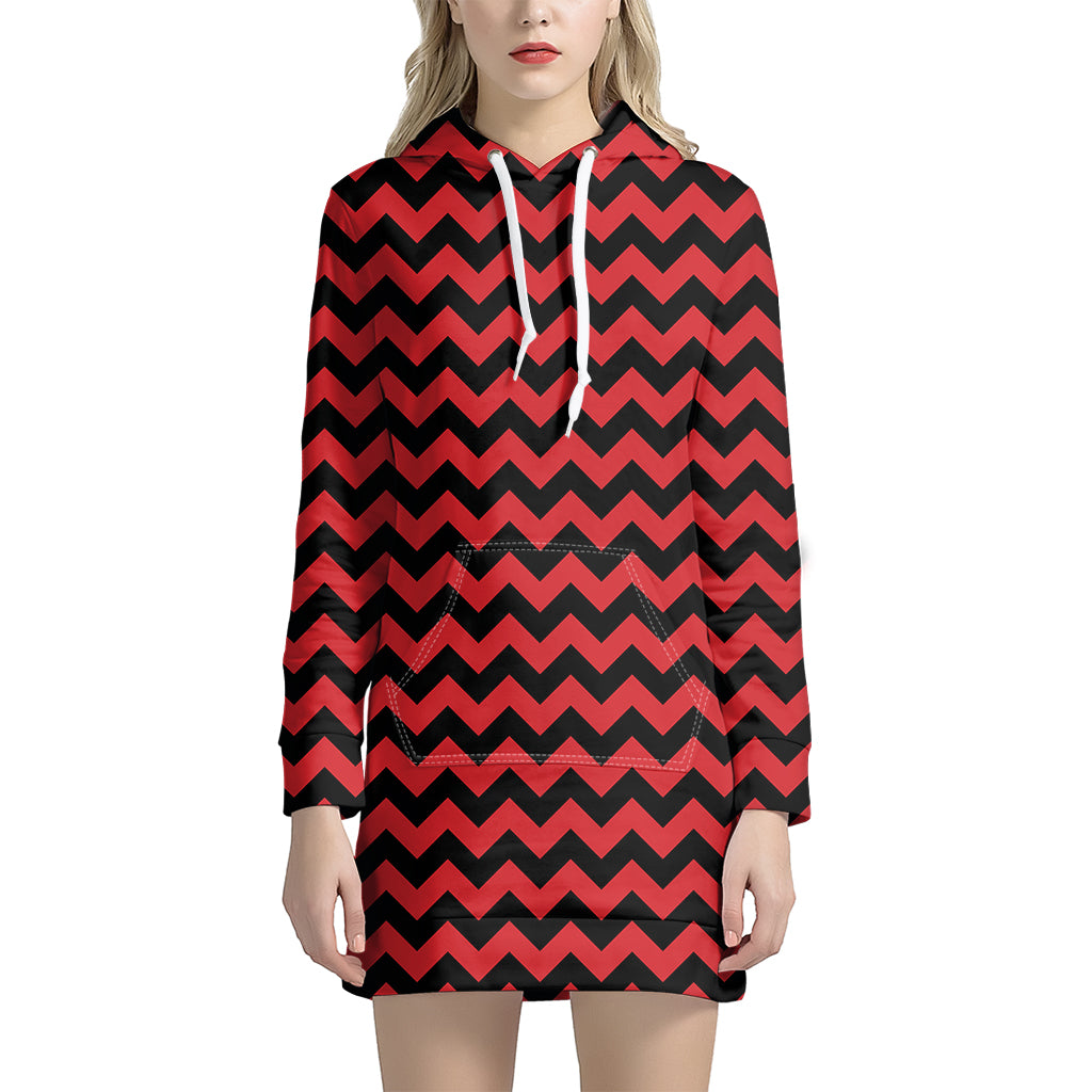 Red And Black Chevron Pattern Print Women's Pullover Hoodie Dress