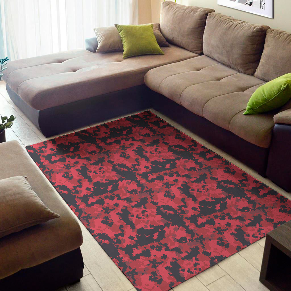 Red And Black Digital Camo Pattern Print Area Rug