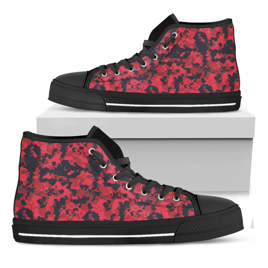 Red And Black Digital Camo Pattern Print Black High Top Shoes