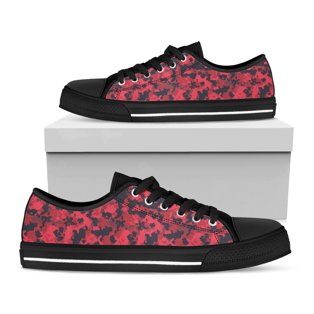 Red And Black Digital Camo Pattern Print Black Low Top Shoes