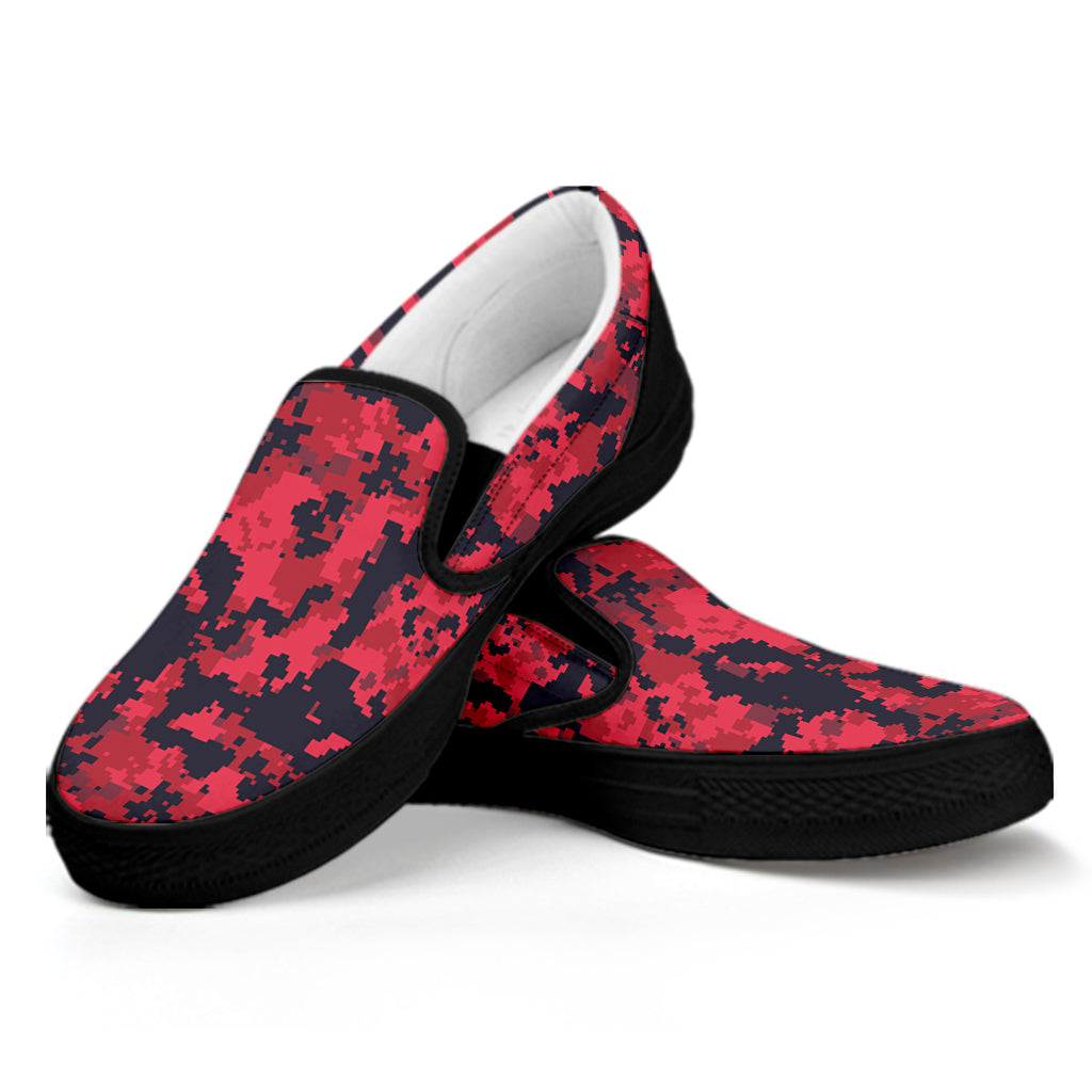 Red And Black Digital Camo Pattern Print Black Slip On Shoes