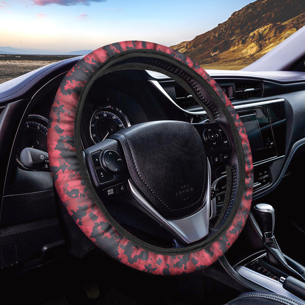 Red And Black Digital Camo Pattern Print Car Steering Wheel Cover