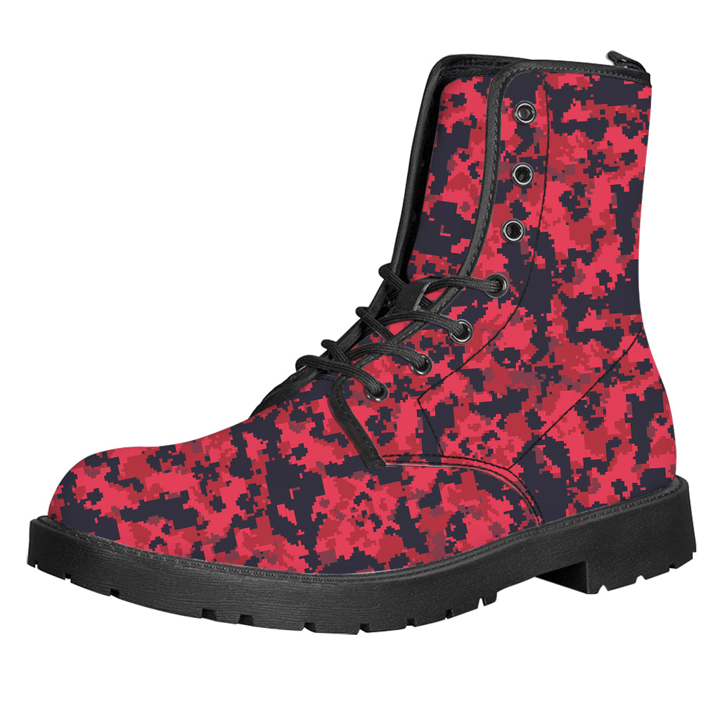 Red And Black Digital Camo Pattern Print Leather Boots