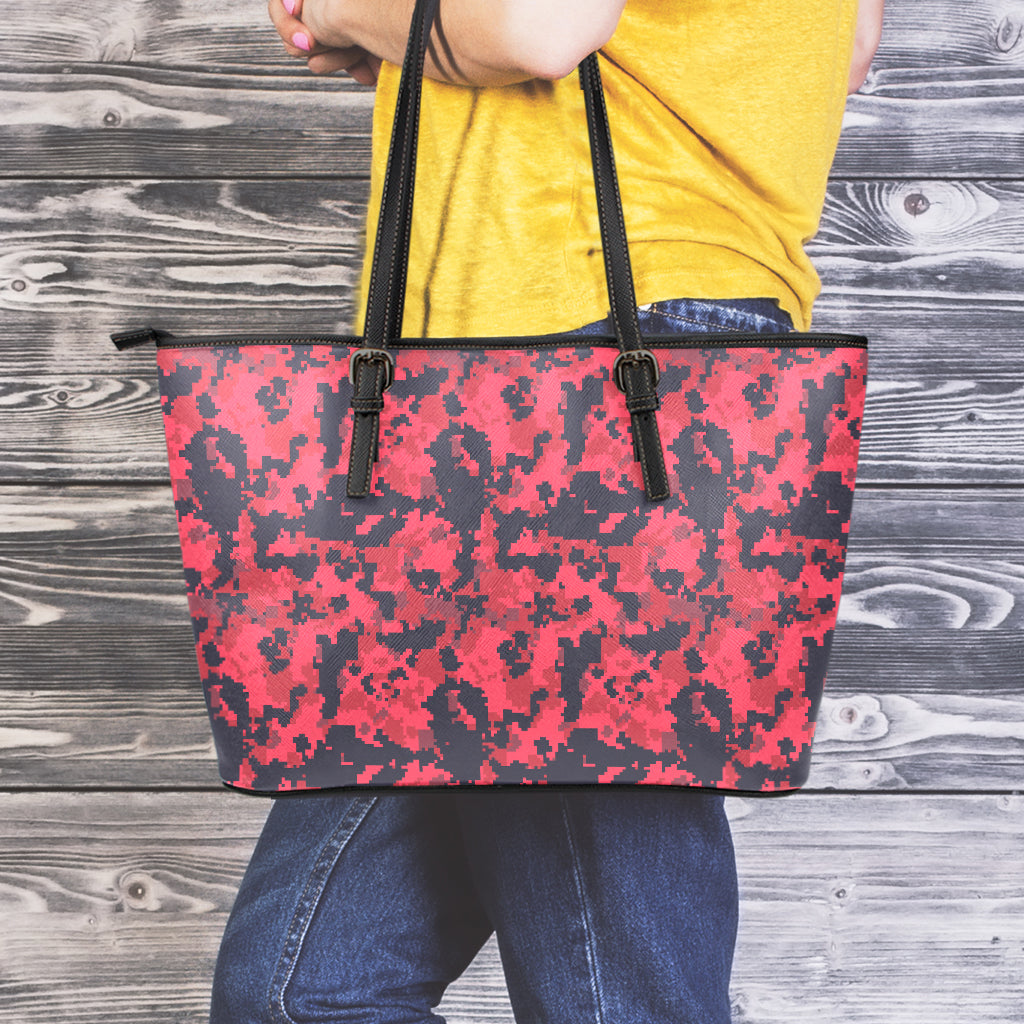 Red And Black Digital Camo Pattern Print Leather Tote Bag