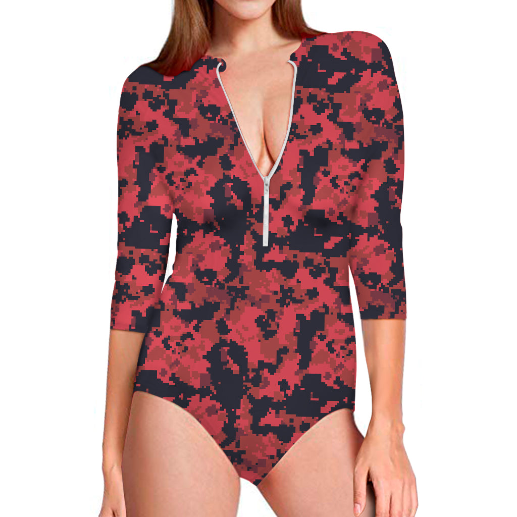 Red And Black Digital Camo Pattern Print Long Sleeve One Piece Swimsuit