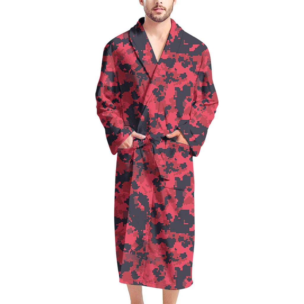 Red And Black Digital Camo Pattern Print Men's Bathrobe