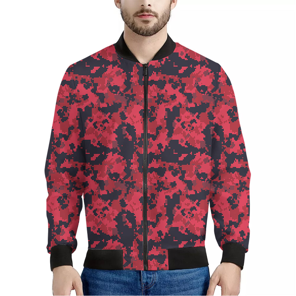 Red And Black Digital Camo Pattern Print Men's Bomber Jacket