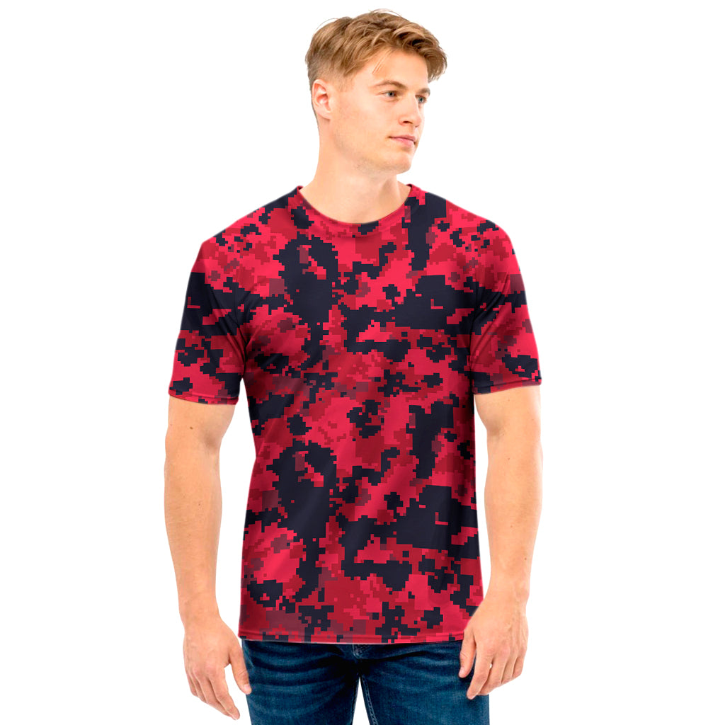 Red And Black Digital Camo Pattern Print Men's T-Shirt