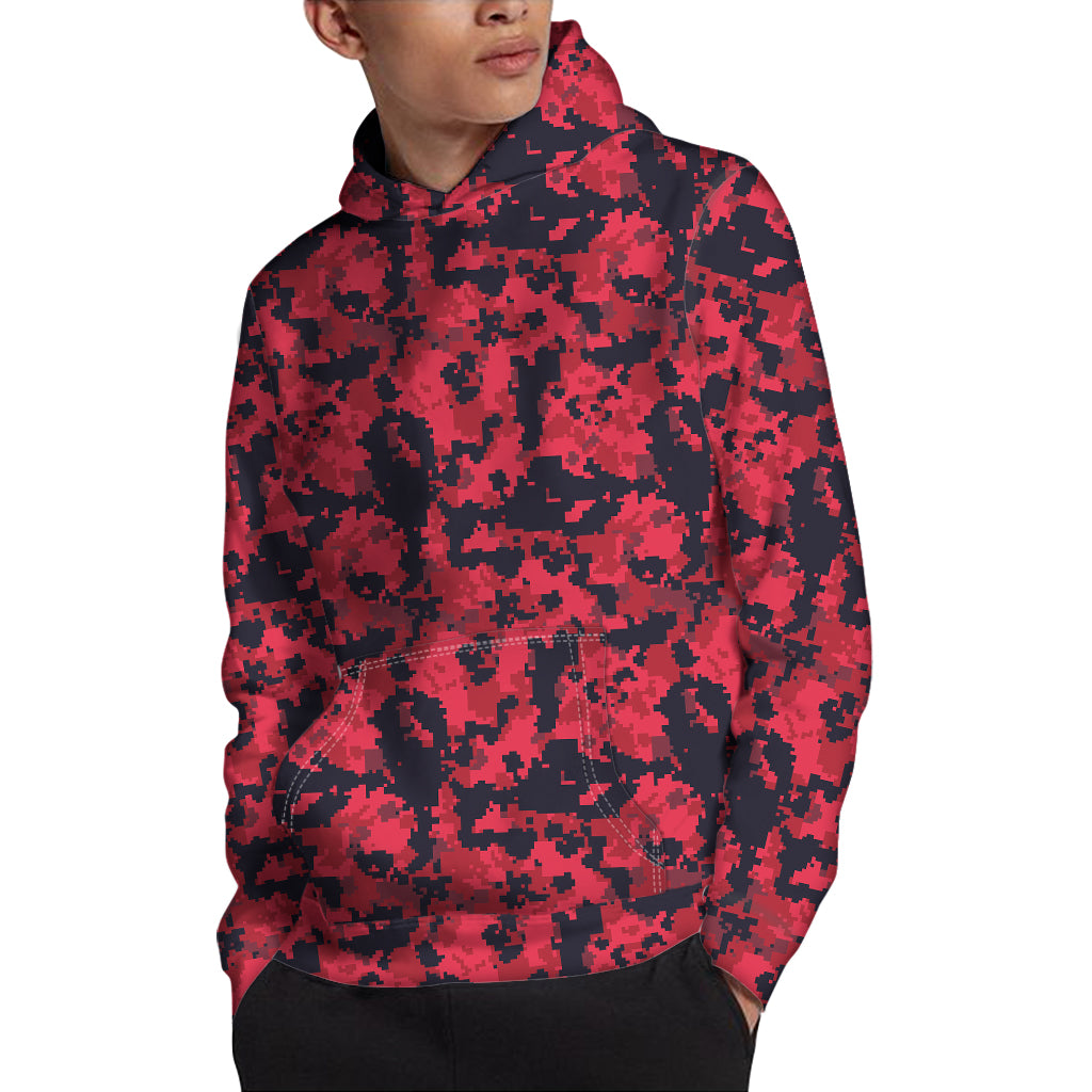 Red And Black Digital Camo Pattern Print Pullover Hoodie