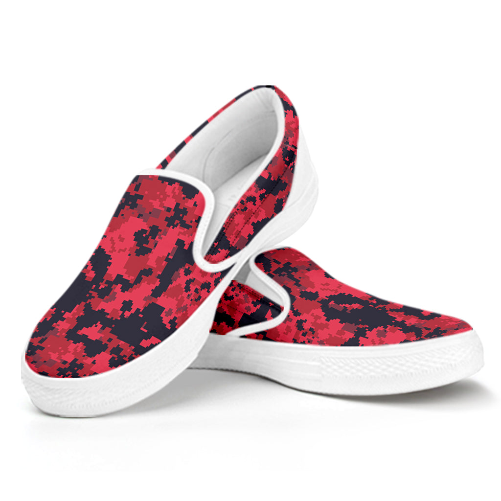 Red And Black Digital Camo Pattern Print White Slip On Shoes